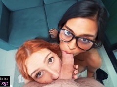 Two Hot Chicks Share Cock to make Sloppy Double Blowjob