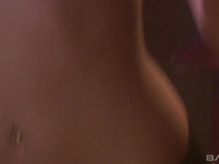 Hot brunette gives a slow and intense blowjob before taking his cock in