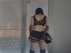 Jupe wearing French crossdresser gets anal invasion in cord underwear