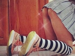 Striped stocking, girl show, showing ass