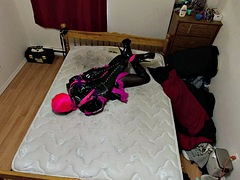 Sissy maid tied up in self bondage, tied hand and foot