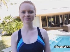 Redhead bikini teen gets wild with a big black cock poolside