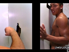 Naive stud gloryhole sucked and stroked by gay dude