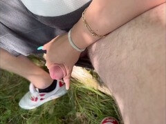Outdoor public romp with a college girl, swallowing every drop of cum