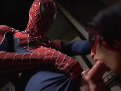 Spider-man lets the slutty heroine take care of his bulge