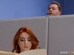 Red headed office lady has her hairy cunt drilled hard at work