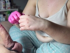 Full handjob action with spandex gloves and a condom