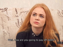 Young debt collector throws a leg to the red-haired waitress