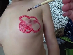 Milf draws on the body of her Step daughter and fucks her strapon. POV