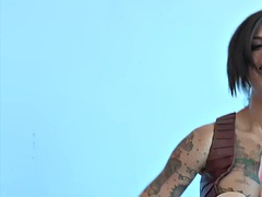 Tattooed lesbian busty MILF anally fucked by toy closeup by her friend