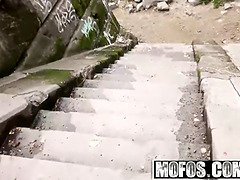 Watch this Euro chick with perky tits get her wet ass and feet licked in public POV