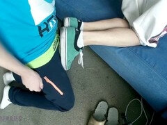 My adorable buddy gives me a footjob (sneakers, socks, bare feet)