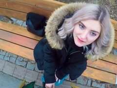 Cutie Eva Elfie gives a blowjob in the park