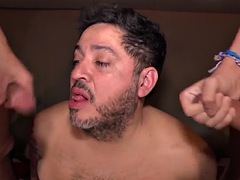 Latin gay daddy fucked in twink threesome after anal