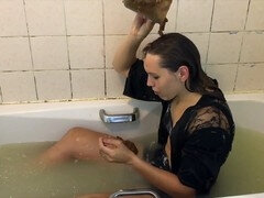 Gorgeous gothic girl covered in creamy custard and hot ball sauce!