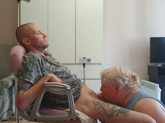 Wife Watches Mother-in-law Doing Deep Blowjob and Swallowing Cum