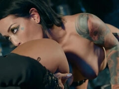 Two kinky lesbian chick are having hot sex in S&M room