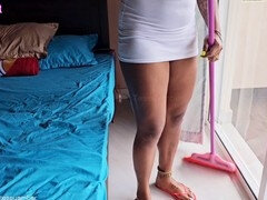 Watching my hot stepsister clean the house in a mini dress with no panties and her boobs spilling out