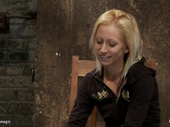 Light-Haired groin strapped in suspension (Rene Phoenix)