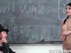 Watch Tiny Brunette get down and dirty with history teacher in hardcore roleplay