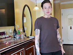 Inked TS MTF enjoys amateur foreplay with girl in casting