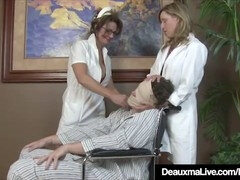 Mature nurse Deauxma with huge tits gives her patient a steamy handjob