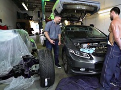 Tattooed stud auto mechanic fucked by customer