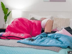 Tiny teen stepsister Kenzie Reeves gets stuck at a pyjama party