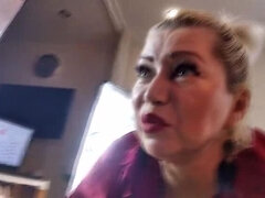 Mature Russian Mom in Red Negligee Sucks Big Cock - Blowjob POV