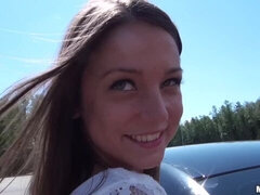 18, 엉덩이, 큰 음경, 흑갈색 머리, 자동차, 도기스타일, 야외의, 젖가슴