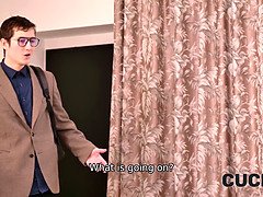 Hot American wife bangs hard on the couch while her cuckold husband watches in HD