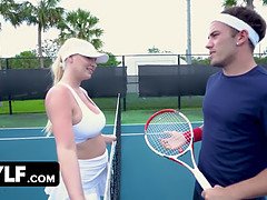 Amazing Blonde Milf With Huge Booty Lifts Her Mini Tennis Skirt And Sits On Lucky Stud