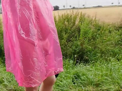 In Rain Cape, Tights and Slippers in the Drizzle