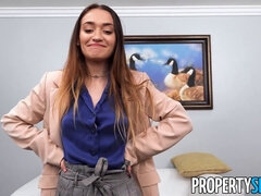 Watch this sexy real estate agent bang her mother's client doggy-style & get a cumshot on her pretty face