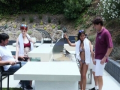 Ella Knox and besides Ava Little ride hard purple rods in group orgy sex