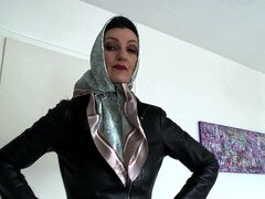 Stylish JOI session with Victoria Valente in a satin headscarf and leather jacket
