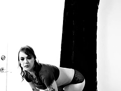 Inked medium tits babe in stockings gets her trimmed pussy fucked