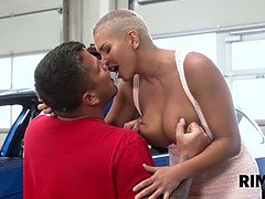 Well-rounded hottie tastes asshole of tires car mechanic
