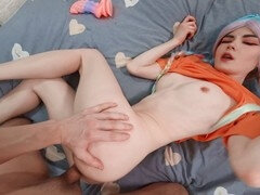 Fit e-girl eagerly satisfied with monster dildo and big cock