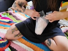 Hot milf next door and her little angel French vibe test out some couple's sex toys