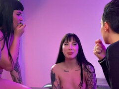 Strapon tattooed queer in underwear fucks 21yo in 3some