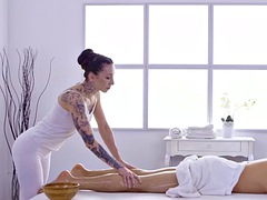 美女, エロティック, マッサージ, オイル, タトゥー