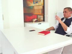 Cutie in glasses passes a test with her body.