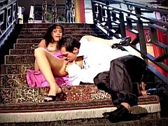 She sucked his long cock on the stairs