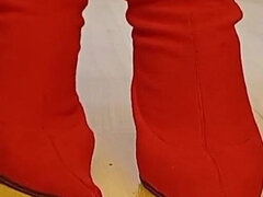 Crossdresser Walks in Sexy Red Suede Pointed Toe High Heels Boots