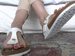 White Toe Separator Slippers and Sexy Red Toenails, Foot Fetish Lady Victoria Valente