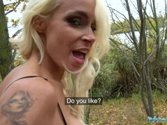 Public Agent Tattooed busty German blonde MILF fucked hard against a tree