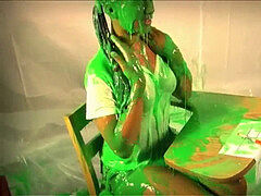 black nerd gal Covered In Green Slime - FULL