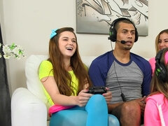 Three teen babes seduce a gamer and suck his huge dick