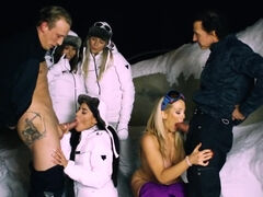 Ski instructors bang a busty MILF and two petite teens